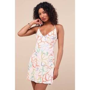 NWT Lulus Cloelia Ivory Abstract Floral Button-front Halter Mini Dress White